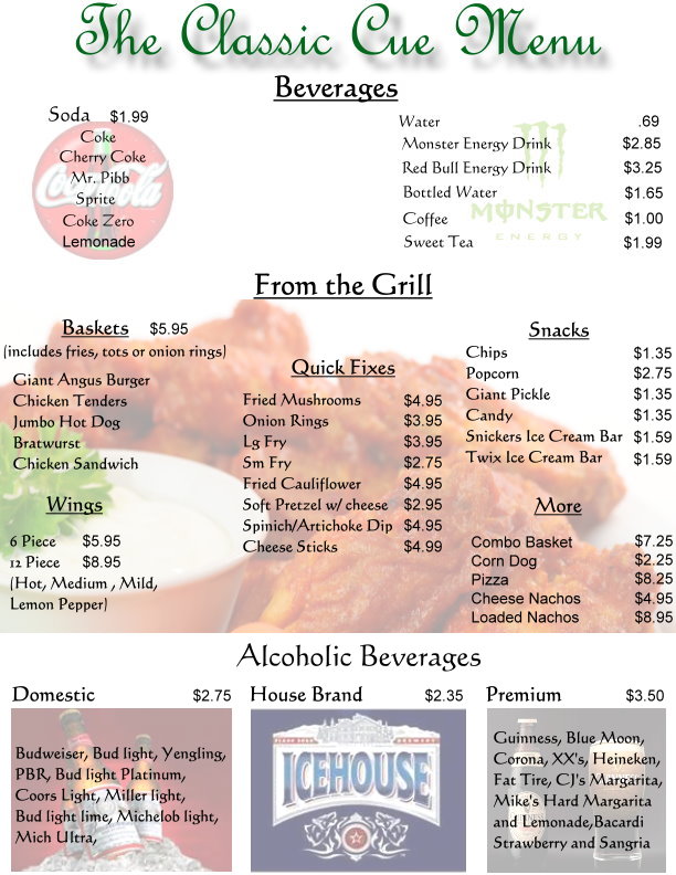 Pool Hall Menu Peachtree City GA
